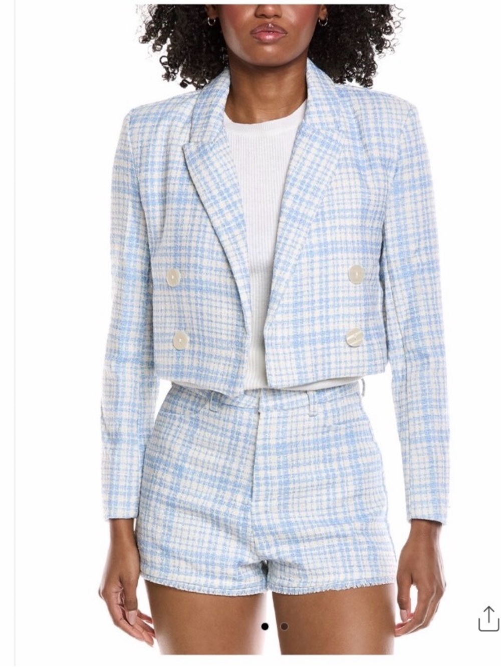 Cropped Light Blue Plaid Tweed Blazer - Women's